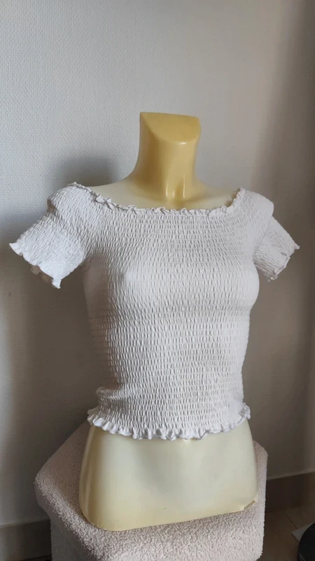 Top met sjaal stijl, wit, met ontbloot schouder / Bardot kraag T38 - H&M – photo 3